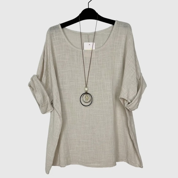 06 Made in Italy Cotton Linen Tunic Top With Necklace - Picture 1 of 1